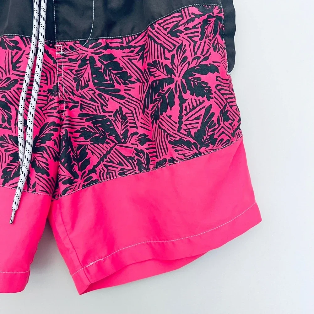 Mens Colorblock Tropical Palm Swim Trunks‎ Neon Pink Charcoal Board Shorts M